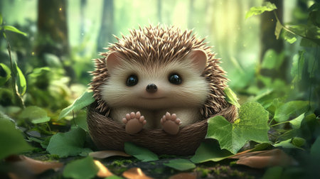 Cute cartoon hedgehog with tiny feet, curled up in a ball on a leafy forest floor.の素材