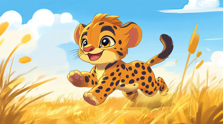 Adorable cartoon cheetah cub with spots, running across a savanna.の素材