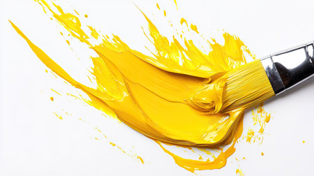 A brush creates a vivid yellow paint splash on a pristine white background, emphasizing the energy and movement of the color.の素材
