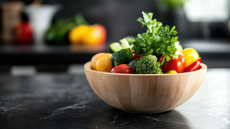 A wooden bowl on a black countertop, filled with a rainbow of vegetables and topped with a sprig of parsley, showcasing freshness and natural beauty.の素材