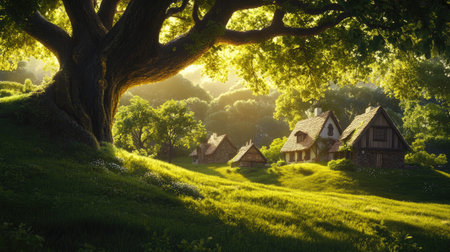 A large tree with sprawling branches shading quaint cottages on a grassy hill, with soft sunlight filtering through, creating a peaceful and enchanting scene.の素材