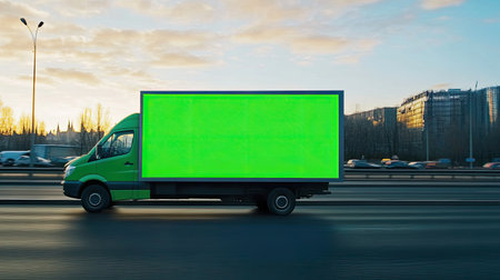Green screen billboard on a mini van traveling on a highway, ready for marketing content targeting consumers and commuters on the go.の素材