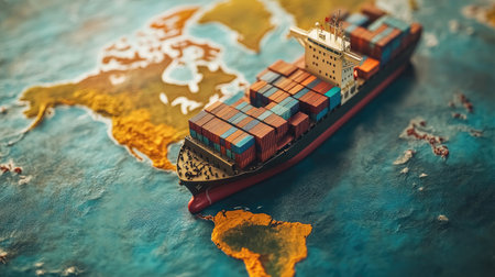 Model of a container ship placed on a world map, symbolizing transcontinental transportation and globalization, with ample space for text or branding.の素材