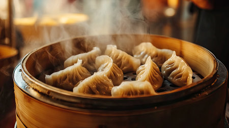 Close-up of freshly steamed dumplings in a bamboo steamer, capturing the inviting and delicious appearance, perfect for showcasing traditional cuisine.の素材