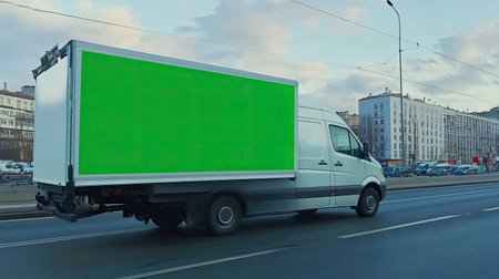 Highway shot of a mini van with a green screen billboard, offering a blank canvas for targeted marketing campaigns aimed at commuters.の素材