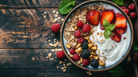 Breakfast bowl filled with fruits, seeds, and yogurt on a wooden table, captured in a close-up shot, highlighting the textures and colors of the meal.の素材