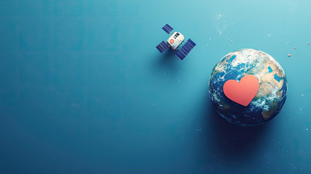 Illustration of a small spacecraft orbiting a globe with a heart symbol, representing global health and Earth Day, with space for advertising on a blue background.の素材