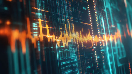 Holographic graph with an upward trend, showcasing financial success and growth in international markets, ideal for business and economic presentations.の素材