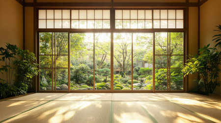 A minimalist Japanese-style room with a tatami mat floor, large windows framing a lush garden, and soft natural light creating a serene and peaceful ambiance.の素材