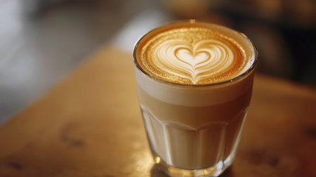 A glass of cappuccino topped with heart-shaped latte art, captured in a cozy cafe setting, perfect for marketing coffee shops and cafes.の素材