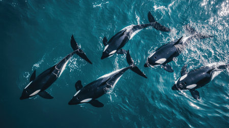A pod of graceful orcas swimming through the crystal-clear waters of the ocean, their sleek black and white bodies standing out against the blue sea.の素材