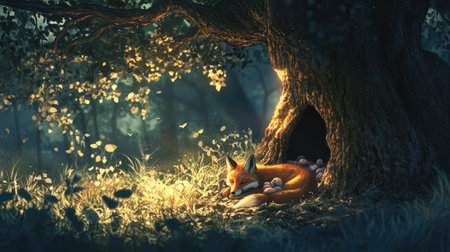 A fox gives birth in a cozy den beneath a towering oak tree, surrounded by the soft light of early morning in the forest.の素材