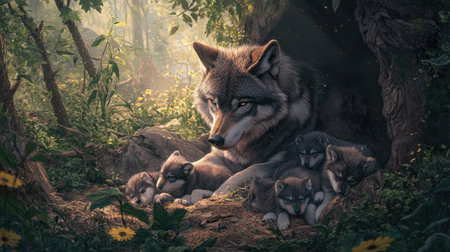 A wolf gives birth to her pups in a hidden den within a tranquil forest, with the morning mist gently lifting.の素材