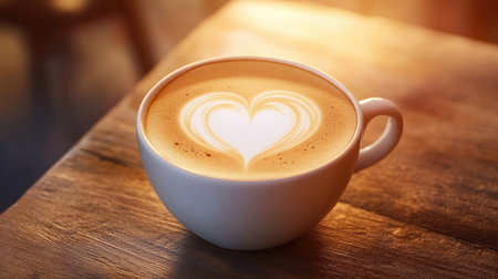 A beautifully crafted cappuccino with heart-shaped foam art, set against a cafe backdrop, perfect for coffee shop advertisements.の素材