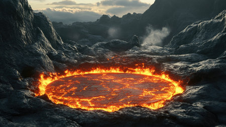 A dramatic 3D render of a fiery lava podium set against a rugged volcanic rock landscape. The intense heat and glowing lava create a powerful, eye-catching product showcase.の素材