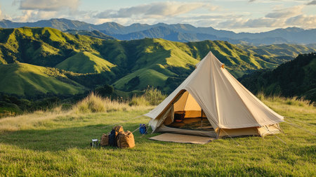A beige canvas tent pitched on a grassy slope, complete with camping equipment, in front of a panoramic view of green mountains.の素材