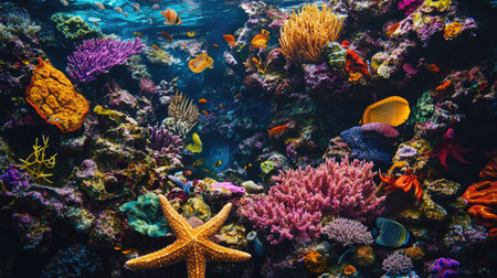 A close-up of a vibrant coral garden, with various sea creatures like fish, starfish, and crabs adding to the beauty of the underwater world.の素材