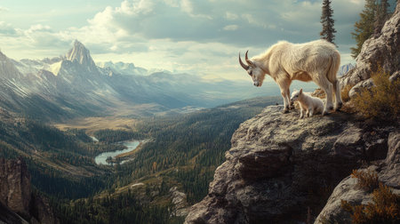 A mountain goat gives birth on a rocky cliffside, overlooking a breathtaking landscape of rolling hills and forests.の素材
