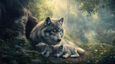 A wolf gives birth to her pups in a hidden den within a tranquil forest, with the morning mist gently lifting.の素材