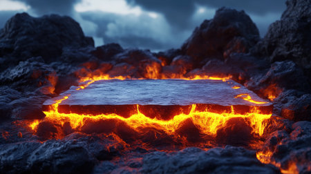 A dramatic 3D render of a fiery lava podium set against a rugged volcanic rock landscape. The intense heat and glowing lava create a powerful, eye-catching product showcase.の素材
