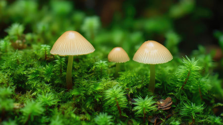 Two small mushrooms sprouting from a bed of vibrant green moss, with a close-up view highlighting the textures and natural beauty of the forest floor.の素材
