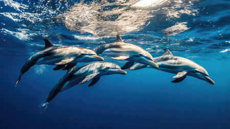 A group of dolphins playfully swimming in unison just below the ocean's surface, their sleek bodies creating a captivating underwater spectacle.の素材