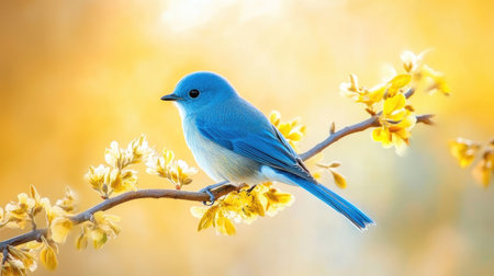 A delicate blue bird on a branch, with vibrant feathers and a soft background, perfect for illustrating the beauty of nature.の素材