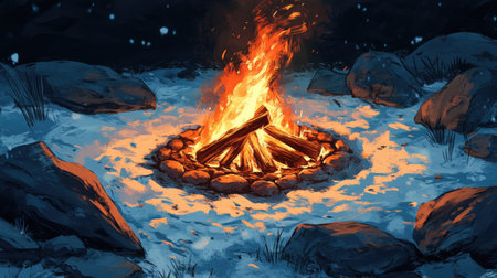 A campfire crackling in the middle of a rocky circle, with bright orange flames leaping into the cold winter air, creating warmth in the snowy landscape.の素材
