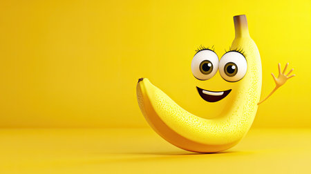 A cheerful cartoon banana with wide eyes and a playful expression, waving hello, on a sunny yellow background.の素材