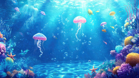 A serene underwater scene with a variety of sea creatures, including jellyfish, starfish, and colorful fish, all moving in harmony through the deep blue sea.の素材