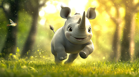 A cute cartoon rhino with a tiny horn, charging playfully across the grass.の素材