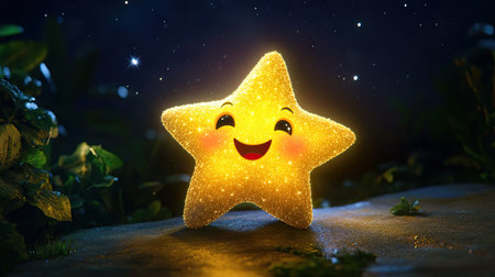 Cute cartoon starfruit with a starry expression, glowing against a night sky backdrop.の素材