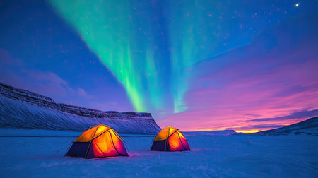 Travelers' tents illuminated by the northern lights, with vivid colors dancing across the sky, creating a surreal and awe-inspiring camping experience.の素材