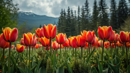 Beautiful blooming tulips captured in a panoramic close-up, set against a backdrop of coniferous trees, illustrating the harmony of nature.の素材