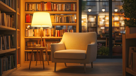 A cozy department store reading nook with a comfortable chair, side table, and floor lamp.の素材