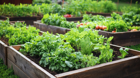 A vibrant vegetable garden with raised wooden beds, filled with lush, green plants and ripe vegetables, symbolizing the bounty of homegrown produce.の素材