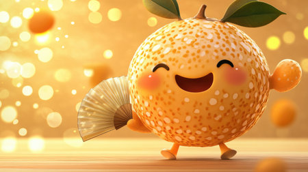 Cute cartoon longan with a sweet smile, holding a little fan.の素材