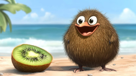 Adorable cartoon kiwi with a fuzzy exterior, smiling with a slice of itself on a beach backdrop.の素材