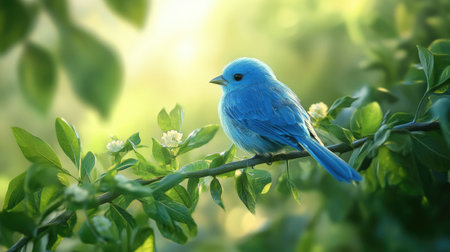Close-up of a blue bird resting on a branch, with its feathers vividly standing out against the green foliage, symbolizing serenity in natureの素材