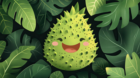 Cartoon soursop with a happy face, surrounded by tropical leaves.の素材