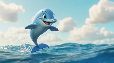 A playful cartoon dolphin jumping out of the water, with a big smile on its face.の素材