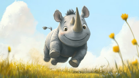 A cute cartoon rhino with a tiny horn, charging playfully across the grass.の素材