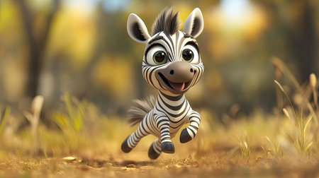 Cute cartoon zebra with big eyes and a happy expression, running through a field.の素材