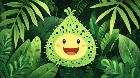 Cartoon soursop with a happy face, surrounded by tropical leaves.の素材