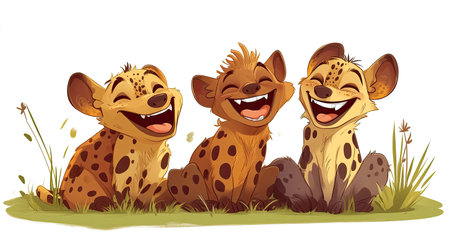 Cute cartoon hyena with spots, laughing with its friends.の素材