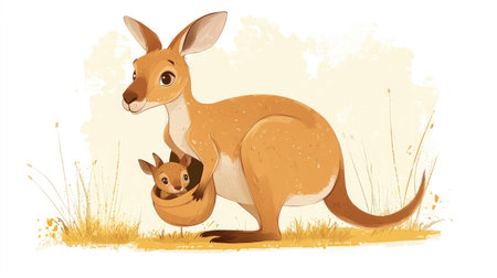 Cute cartoon kangaroo with a baby joey peeking out of its pouch, hopping along.の素材