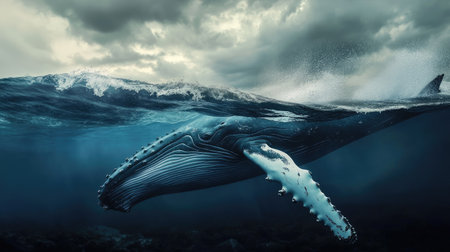 A majestic humpback whale breaching the surface of the water, with its enormous body half-submerged, creating a breathtaking moment of wonder.の素材