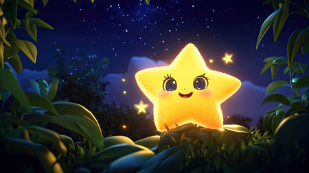 Cute cartoon starfruit with a starry expression, glowing against a night sky backdrop.の素材