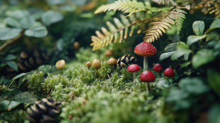 Close-up of the forest floor, showcasing a variety of plants, small mushrooms, and organic textures that illustrate the beauty of nature from a ground-level perspective.の素材