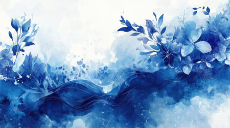 Blue watercolor waves meet floral fractals and geometric shapes, forming a dynamic and colorful abstract design, ideal for decoration and art.の素材